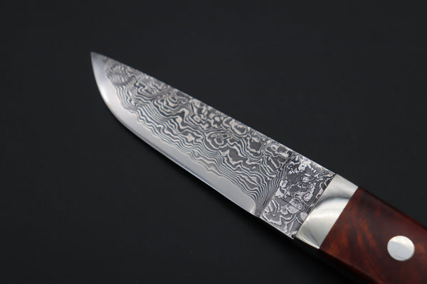 Mr. Itou  IT-950 Drop Point Utility Hunter, 3.5" R-2 Damascus Blade, Quince Burlwood Handle