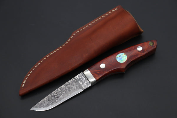 Mr. Itou  IT-950 Drop Point Utility Hunter, 3.5" R-2 Damascus Blade, Quince Burlwood Handle