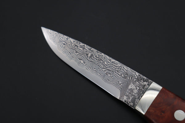 Mr. Itou  IT-960 Drop Point Utility Hunter, 3.7" R-2 Damascus Blade, Quince Burlwood Handle