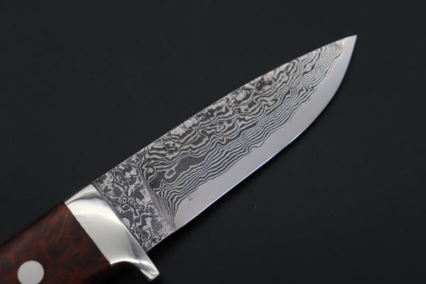 Mr. Itou  IT-980 Drop Point Hunter, 3.7" R-2 Damascus Blade, Quince Burlwood Handle with White Abalone inlay