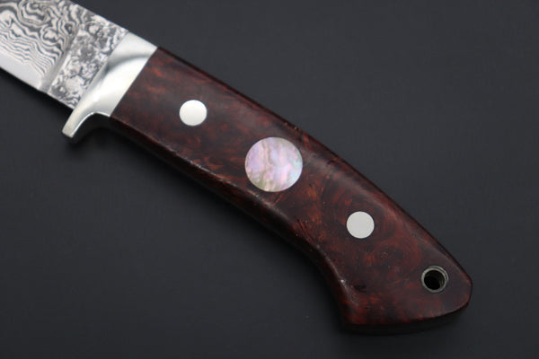 Mr. Itou  IT-980 Drop Point Hunter, 3.7" R-2 Damascus Blade, Quince Burlwood Handle with White Abalone inlay