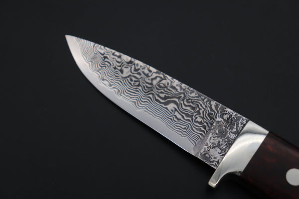 Mr. Itou  IT-980 Drop Point Hunter, 3.7" R-2 Damascus Blade, Quince Burlwood Handle with White Abalone inlay