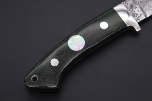 Mr. Itou  IT-990 Drop Point Hunter, 3.6" R-2 Damascus Blade, Stabilized Green Color Lacewood Handle with White Abalone inlay