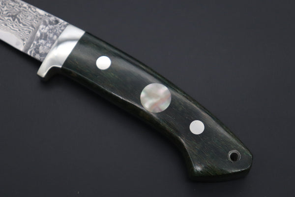 Mr. Itou  IT-990 Drop Point Hunter, 3.6" R-2 Damascus Blade, Stabilized Green Color Lacewood Handle with White Abalone inlay