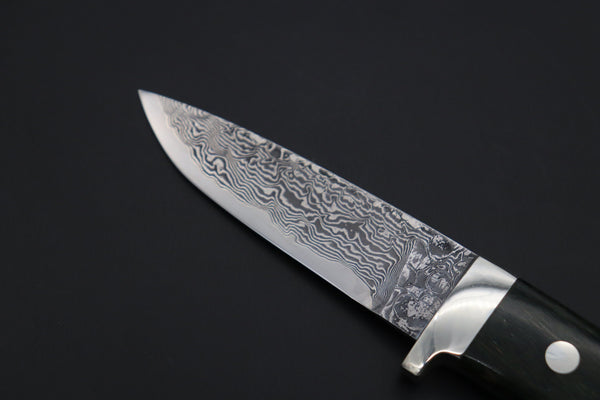 Mr. Itou  IT-990 Drop Point Hunter, 3.6" R-2 Damascus Blade, Stabilized Green Color Lacewood Handle with White Abalone inlay