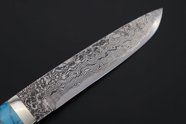 Mr. Itou  ITH-145B  "Treasure Hunter Series" Custom R-2 Damascus 5" Drop-point Hunter, Armadillo Brown/Shite Hide Handle