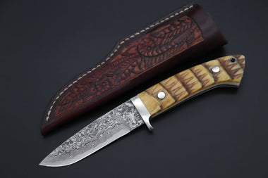 Mr. Itou  ITH-155A  "Treasure Hunter Series" Custom R-2 Damascus 4" Drop-point Hunter, Armadillo 'Over-lay texture' Hide Handle