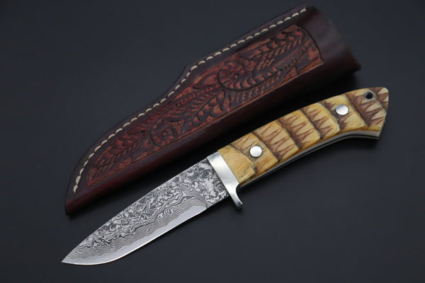 Mr. Itou  ITH-155A  "Treasure Hunter Series" Custom R-2 Damascus 4" Drop-point Hunter, Armadillo 'Over-lay texture' Hide Handle