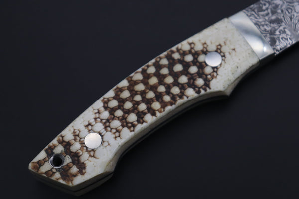 Mr. Itou  ITH-155B  "Treasure Hunter Series" Custom R-2 Damascus 4" Drop-point Hunter, Armadillo  'Dots texture' Hide Handle
