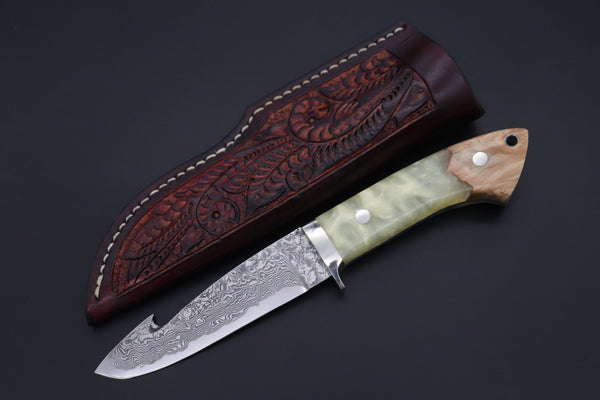 Mr. Itou ITH-175 "Treasure Hunter Series" Custom R-2 Damascus 4-1/2" Drop-point Gut-hook Hunter, Hybrid Handle - japaneseknifedirect.mom