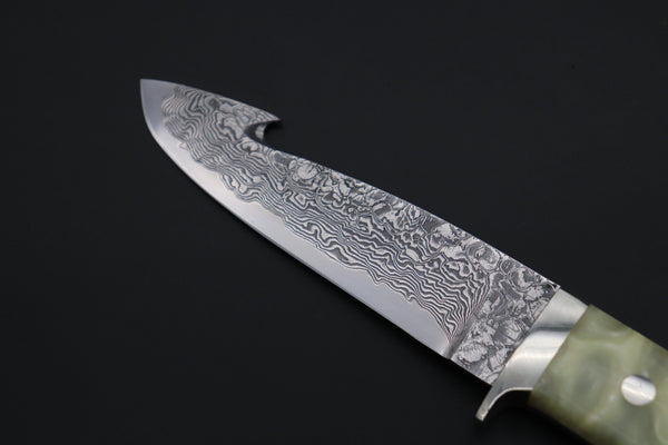 Mr. Itou ITH-175 "Treasure Hunter Series" Custom R-2 Damascus 4-1/2" Drop-point Gut-hook Hunter, Hybrid Handle - japaneseknifedirect.mom