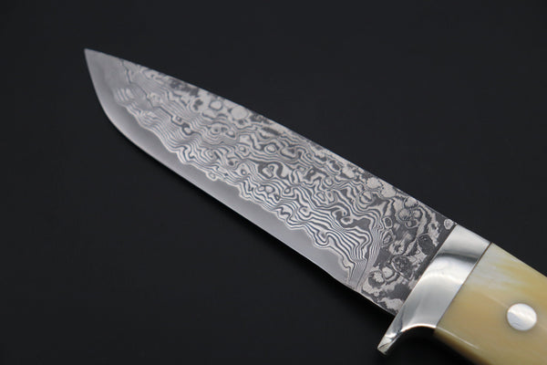 Mr. Itou  ITH-240  "Treasure Hunter Series" Custom R-2 Damascus 4.8" Drop-point Hunter, Narwhal Tusk Handle