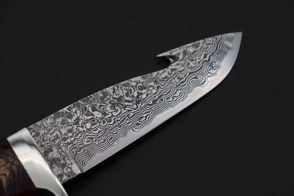 Mr. Itou  ITH-250  "Treasure Hunter Series" Custom R2 Damascus 4.6" Drop-point Gut-hook Hunter, Red Color Pine Corn Handle