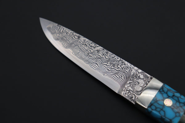 Mr. Itou ITH-95  "Treasure Hunter Series" Custom R2 Damascus 3-3/4" Drop-point Hunter, Blue Mammoth Tusk Ivory Handle