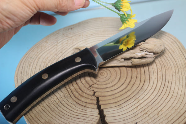 NOBUAKI YAMAMOTO NY-180 "Semi Skinner & Hunter" 4-3/4" Solid VG-10 Highly Mirror Polished Blade, Black Micarta Handle - japaneseknifedirect.mom