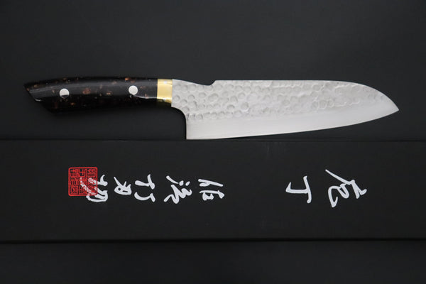 Nomura Kenta NKE-6 SRS-13 Custom Hammered Forged Tsuchime Damascus Santoku 180mm (7 Inch) - japaneseknifedirect.mom