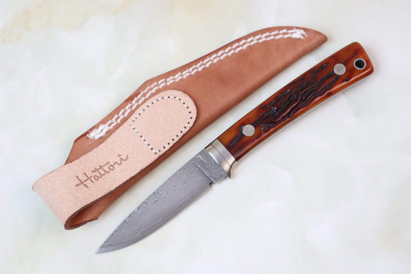 Hattori KD30-845 Cowry X Damascus Little Wild Hunters (Drop Point, Total 7 Kinds of Unique Handle Variation) - japaneseknifedirect.mom