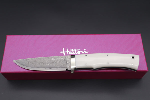 Hattori KD30-HT70DF Cowry X Damascus Urbane Hunters (White Corian Handle) - japaneseknifedirect.mom
