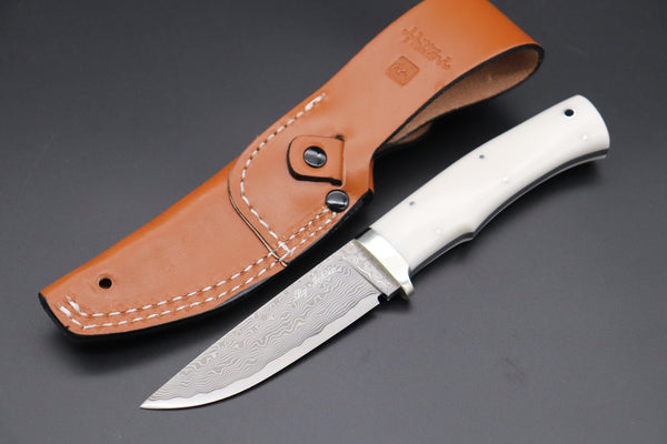 Hattori KD30-HT70DF Cowry X Damascus Urbane Hunters (White Corian Handle) - japaneseknifedirect.mom