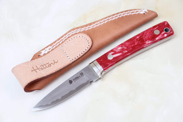 Hattori 傘 SAN Limited Edition SAN-20SO Limited Cowry-X Damascus EDC Utility Hunter (Spiny Oyster Gem-Composite Stone Handle) - japaneseknifedirect.mom