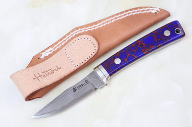 Hattori 傘 SAN Limited Edition SAN-29PT Limited Cowry-X Damascus Little Hunter (Clip Point, Purple Turquoise Gem-Composite Stone Handle) - japaneseknifedirect.mom