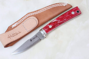Hattori 傘 SAN Limited Edition SAN-29SO Limited Cowry-X Damascus Little Hunter (Clip Point, Spiny Oyster Gem-Composite Stone Handle) - japaneseknifedirect.mom