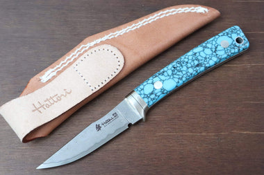 Hattori 傘 SAN Limited Edition SAN-29T Limited Cowry-X Damascus Little Hunter (Clip Point, Turquoise Gem-Composite Stone Handle) - japaneseknifedirect.mom