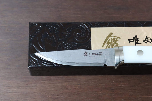 Hattori 傘 SAN Limited Edition SAN-29WC Limited Cowry-X Damascus Little Hunter (Clip Point, Fresh White Corian Handle) - japaneseknifedirect.mom