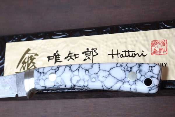 Hattori 傘 SAN Limited Edition SAN-29WT Limited Cowry-X Damascus Little Hunter (Clip Point, White Turquoise Gem-Composite Stone Handle)