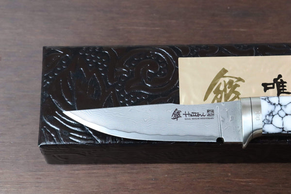 Hattori 傘 SAN Limited Edition SAN-29WT Limited Cowry-X Damascus Little Hunter (Clip Point, White Turquoise Gem-Composite Stone Handle)