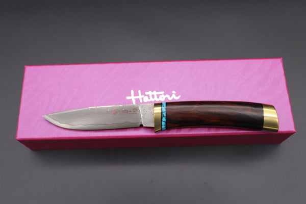 Hattori 傘 SAN Limited Edition SAN-60A Cowry-X Damascus Special Utility Hunter "Custom Desert Ironwood Handle with Turquoise Composite Stone Ring"