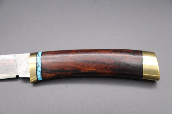 Hattori 傘 SAN Limited Edition SAN-60A Cowry-X Damascus Special Utility Hunter "Custom Desert Ironwood Handle with Turquoise Composite Stone Ring"