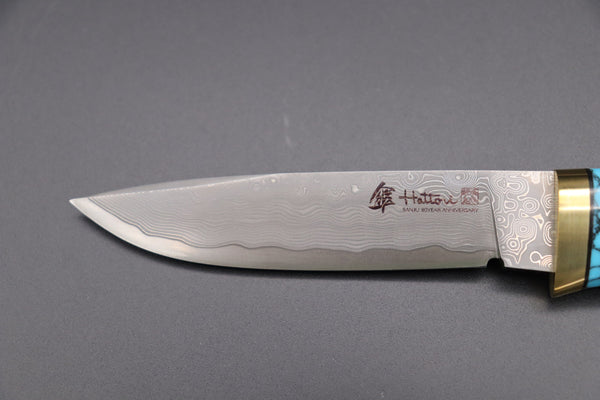 Hattori 傘 SAN Limited Edition SAN-60A Cowry-X Damascus Special Utility Hunter "Custom Desert Ironwood Handle with Turquoise Composite Stone Ring"