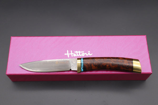 Hattori 傘 SAN Limited Edition SAN-60B Cowry-X Damascus Special Utility Hunter "Custom Desert Ironwood Handle with Turquoise Composite Stone Ring"