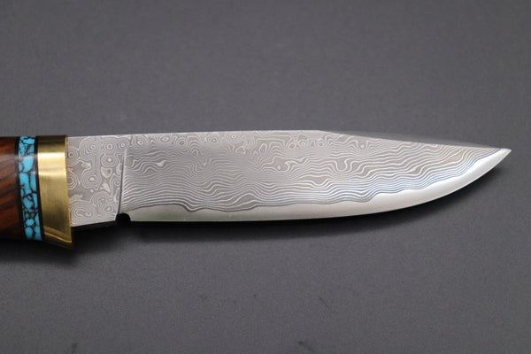 Hattori 傘 SAN Limited Edition SAN-60B Cowry-X Damascus Special Utility Hunter "Custom Desert Ironwood Handle with Turquoise Composite Stone Ring"