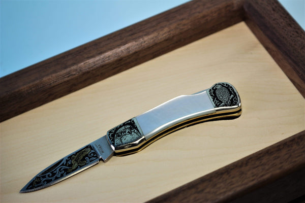 Katsuhiko Miura KM-7 Mini Art Knife "Eagle, Crane or Fox", White MOP Handle - japaneseknifedirect.mom