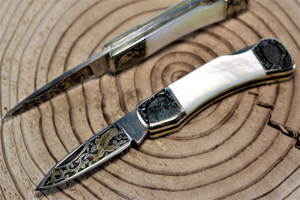 Katsuhiko Miura KM-7 Mini Art Knife "Eagle, Crane or Fox", White MOP Handle - japaneseknifedirect.mom
