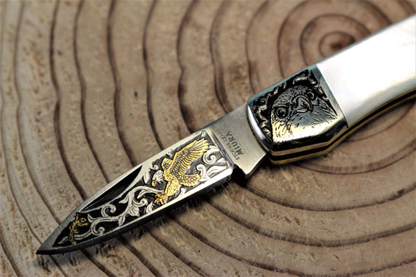 Katsuhiko Miura KM-7 Mini Art Knife "Eagle, Crane or Fox", White MOP Handle - japaneseknifedirect.mom