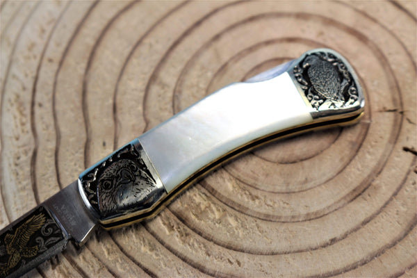 Katsuhiko Miura KM-7 Mini Art Knife "Eagle, Crane or Fox", White MOP Handle - japaneseknifedirect.mom