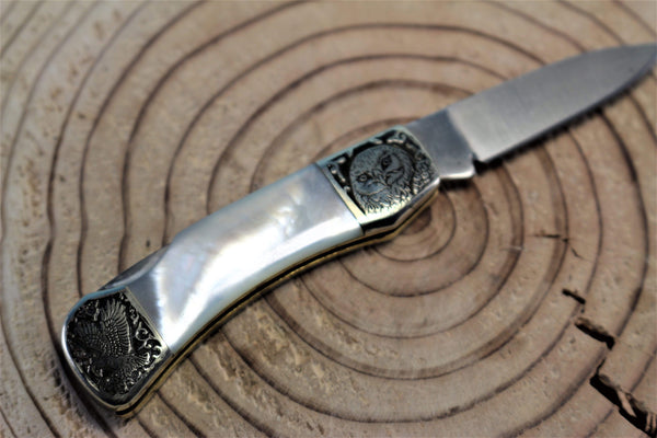 Katsuhiko Miura KM-7 Mini Art Knife "Eagle, Crane or Fox", White MOP Handle - japaneseknifedirect.mom