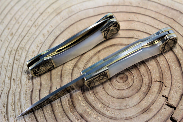 Katsuhiko Miura KM-7 Mini Art Knife "Eagle, Crane or Fox", White MOP Handle - japaneseknifedirect.mom