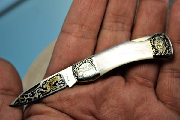 Katsuhiko Miura KM-7 Mini Art Knife "Eagle, Crane or Fox", White MOP Handle - japaneseknifedirect.mom