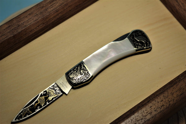 Katsuhiko Miura KM-7 Mini Art Knife "Eagle, Crane or Fox", White MOP Handle - japaneseknifedirect.mom
