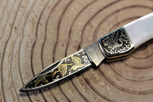 Katsuhiko Miura KM-7 Mini Art Knife "Eagle, Crane or Fox", White MOP Handle - japaneseknifedirect.mom