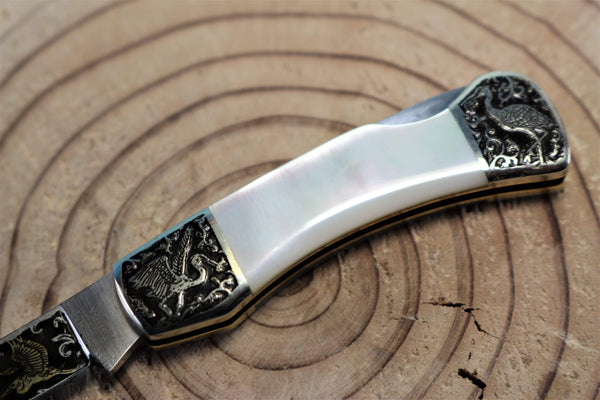 Katsuhiko Miura KM-7 Mini Art Knife "Eagle, Crane or Fox", White MOP Handle - japaneseknifedirect.mom