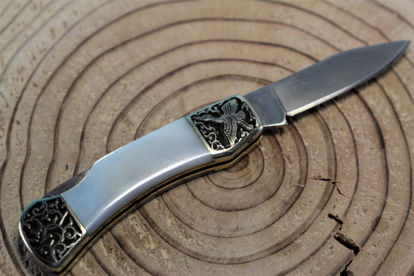 Katsuhiko Miura KM-7 Mini Art Knife "Eagle, Crane or Fox", White MOP Handle - japaneseknifedirect.mom