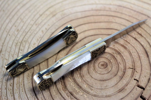 Katsuhiko Miura KM-7 Mini Art Knife "Eagle, Crane or Fox", White MOP Handle - japaneseknifedirect.mom