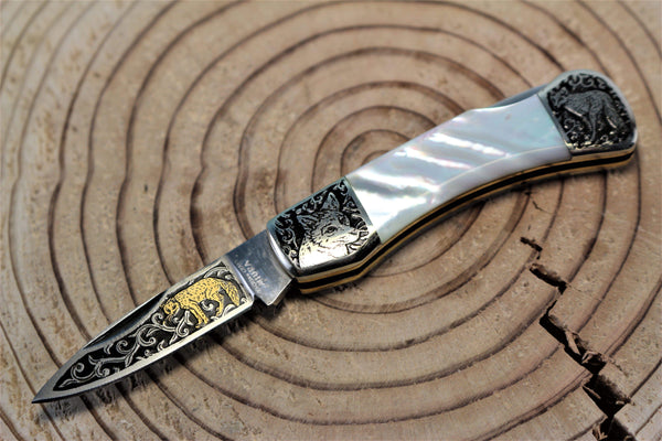 Katsuhiko Miura KM-7 Mini Art Knife "Eagle, Crane or Fox", White MOP Handle - japaneseknifedirect.mom
