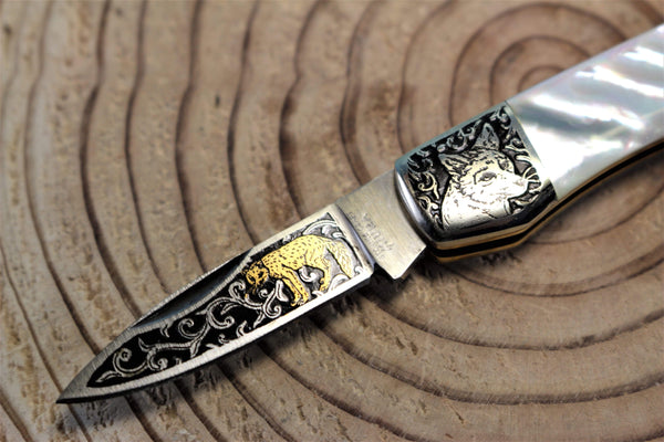 Katsuhiko Miura KM-7 Mini Art Knife "Eagle, Crane or Fox", White MOP Handle - japaneseknifedirect.mom