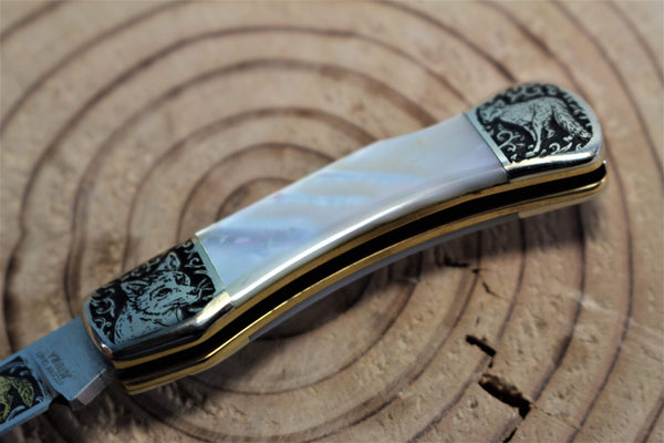 Katsuhiko Miura KM-7 Mini Art Knife "Eagle, Crane or Fox", White MOP Handle - japaneseknifedirect.mom
